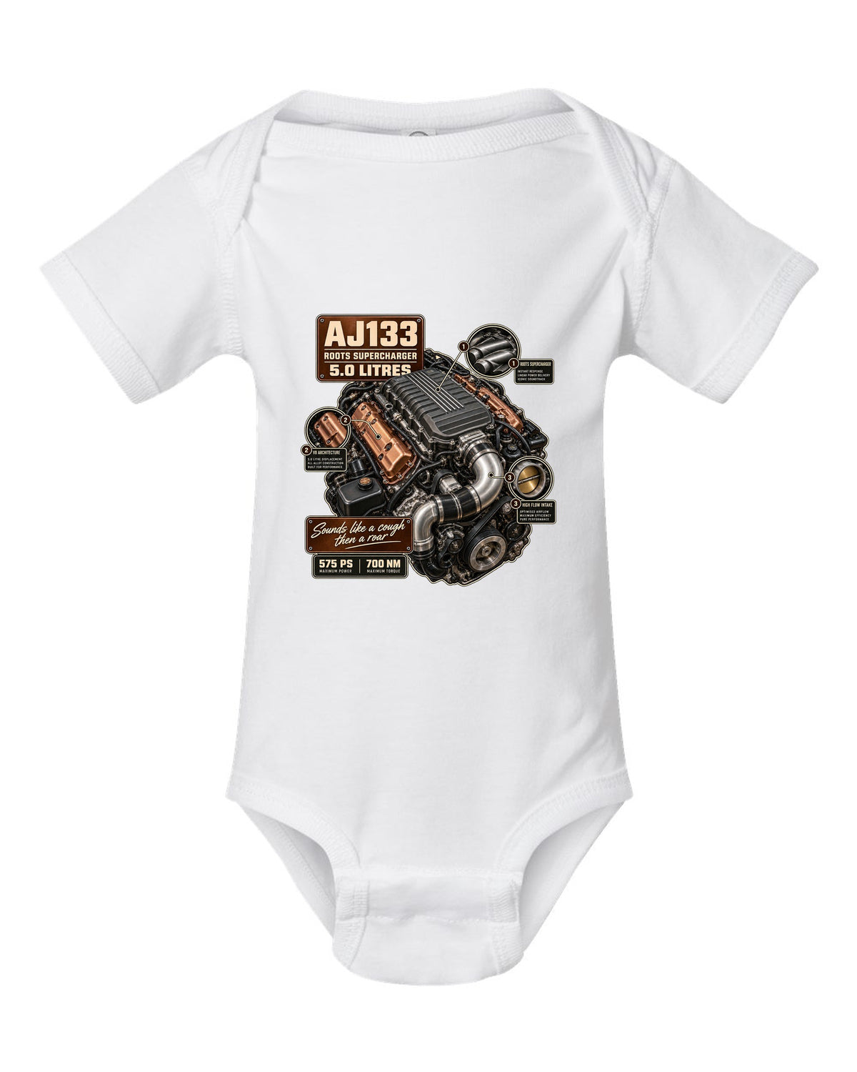 Engine hero print of the Jaguar F-Type R and SVR AJ133 supercharged 5.0 litre V8 white baby onesie front view with the design