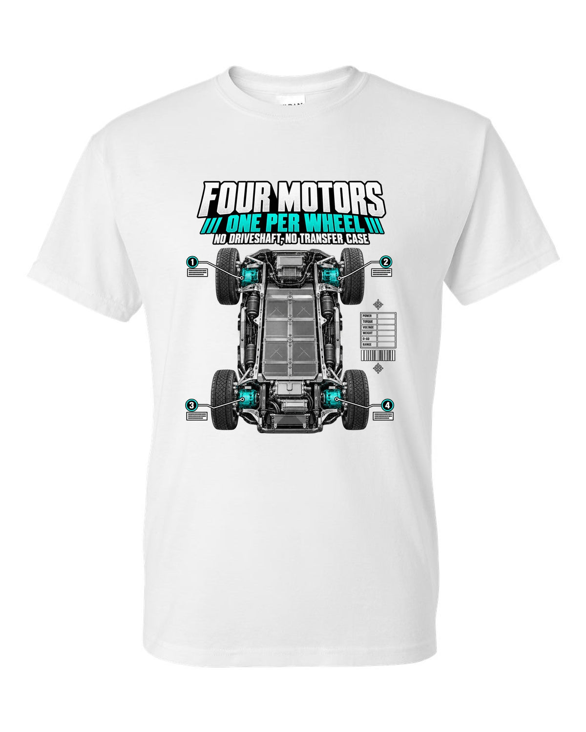 Rivian R1T Quad Motor 2022 layout with four motors, one per wheel, no driveshaft and no transfer case white t-shirt front view with the design