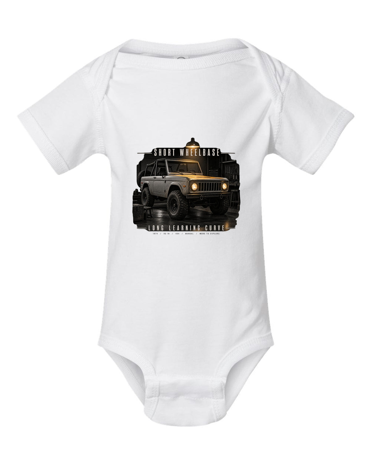 Garage night print for the Jeep CJ-5, Short Wheelbase Long Learning Curve white baby onesie front view with the design