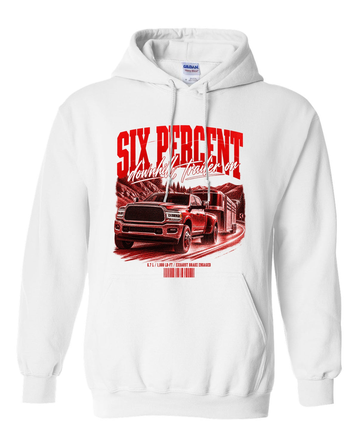 Street poster of a 2019-2024 Ram 3500 towing a trailer with the text Six percent, downhill, trailer on white pull over hoodie front view with the design