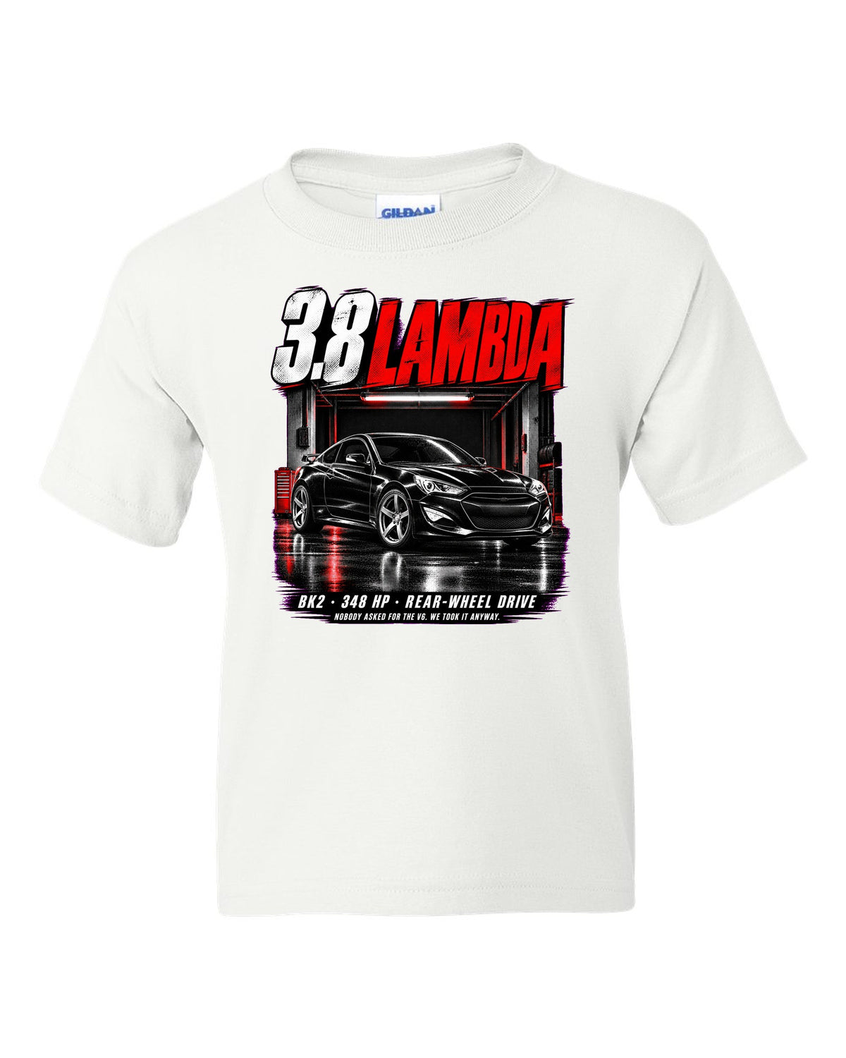 Hyundai Genesis Coupe BK2 3.8 Track in a garage at night with spec text white kids tee front view with the design