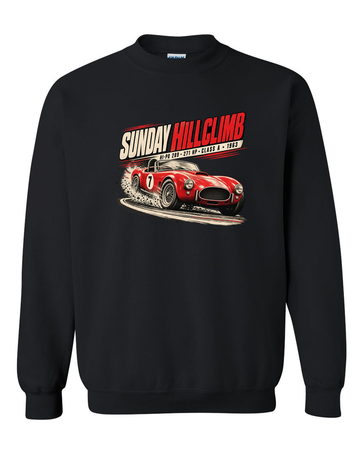 Race poster print of a 1963 289 roadster at a Sunday hillclimb black crewneck front view with the design