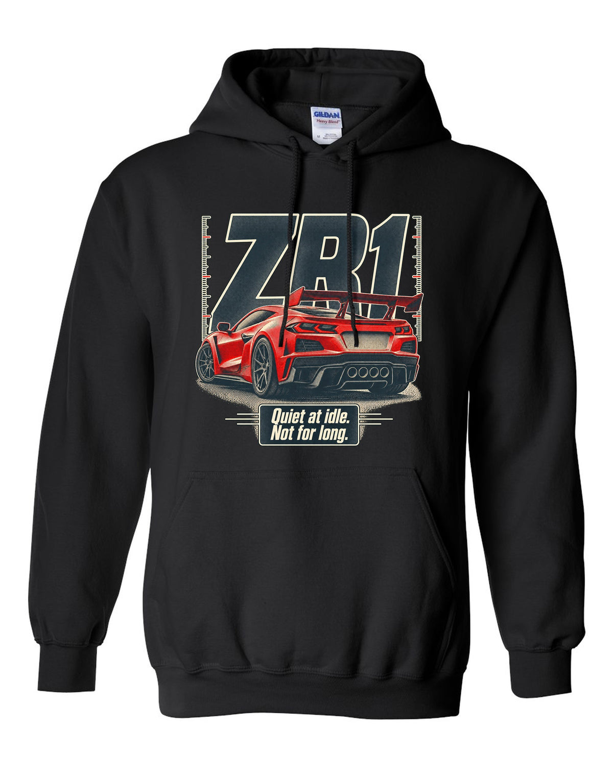 Halftone print of a Chevrolet Corvette C8 ZR1 with a quiet at idle statement black pull over hoodie front view with the design