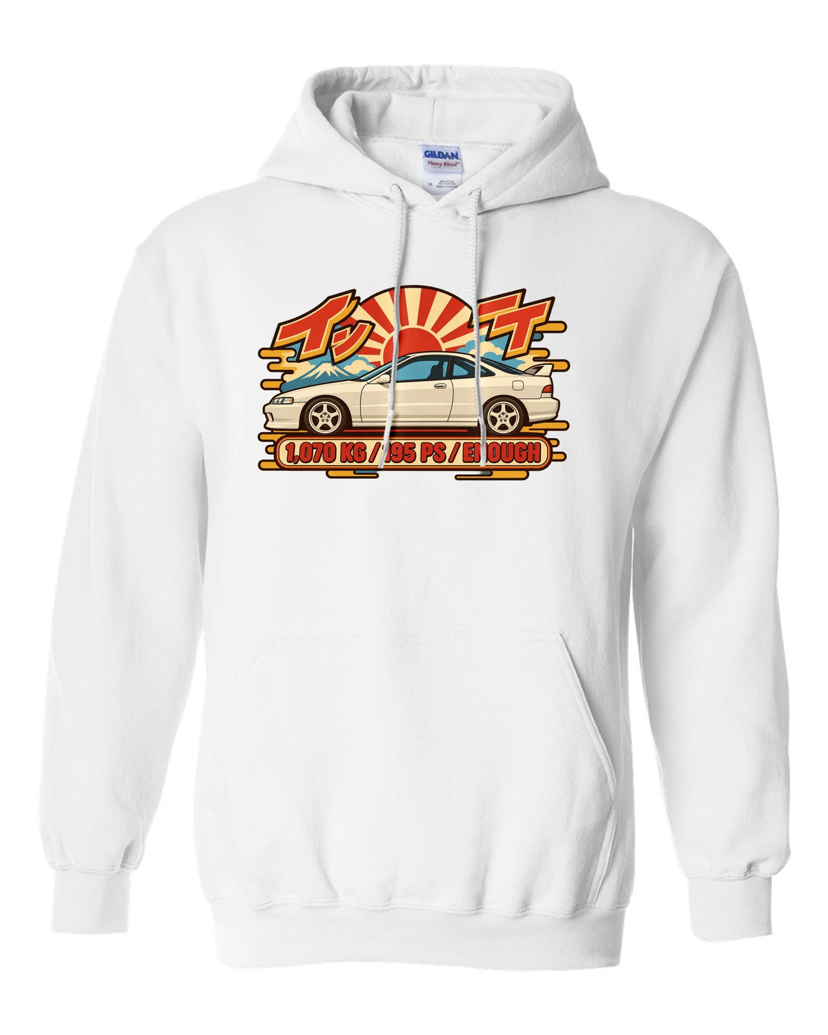 Showa catalogue ad style print of a 1995 Honda Integra DC2 coupe with 1,070 KG and 195 PS text white pull over hoodie front view with the design