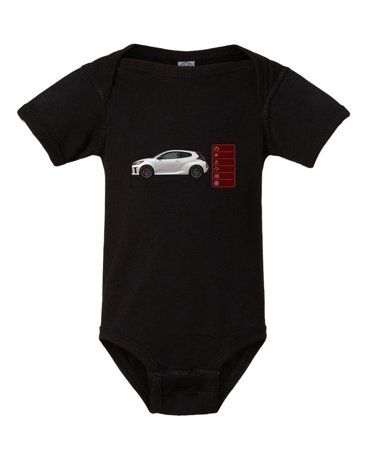 Pearl white-grey Toyota GR Yaris Circuit Package spec poster with homologation text black baby onesie front view with the design