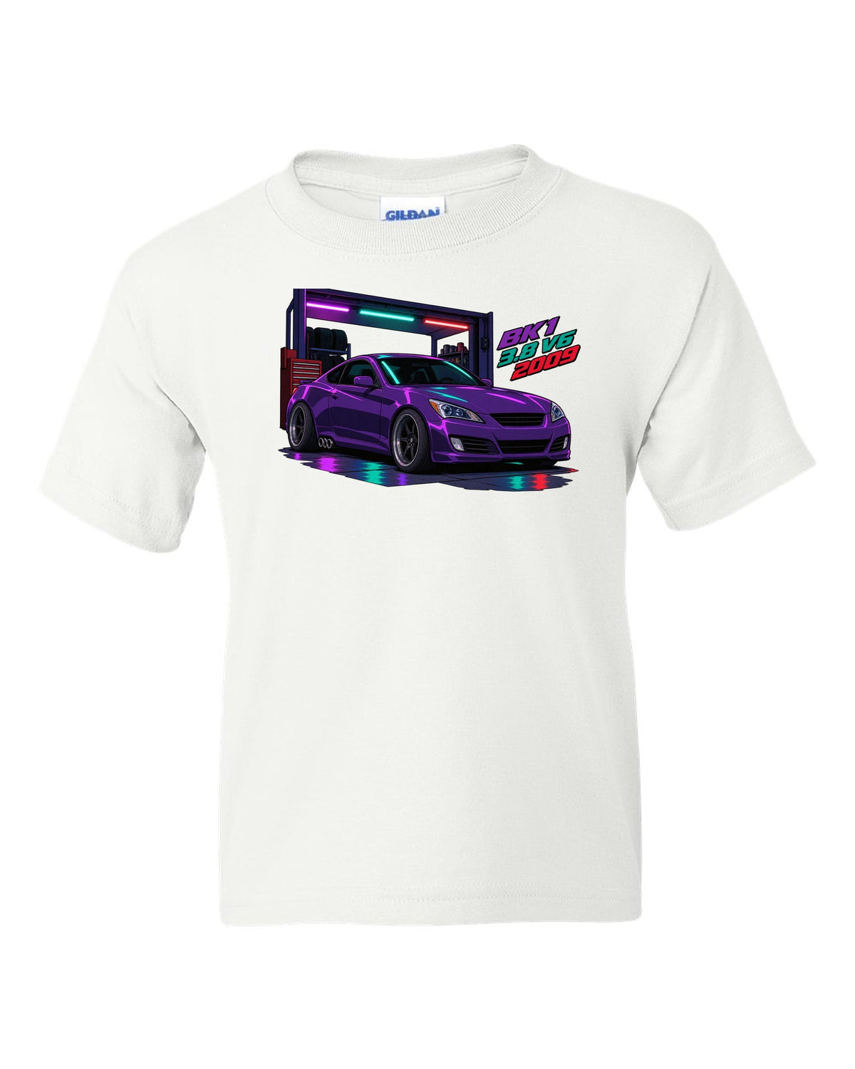 Cel-shaded anime print of a Hyundai Genesis Coupe BK1 in a garage with 3.8 V6 2009 text white kids tee front view with the design