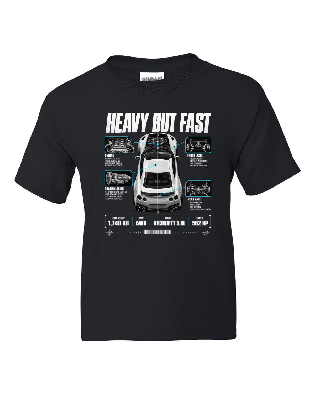 Top-down and profile spec poster of a Nissan GT-R R35 with 1,740 kg curb weight and VR38DETT lettering black kids tee front view with the design