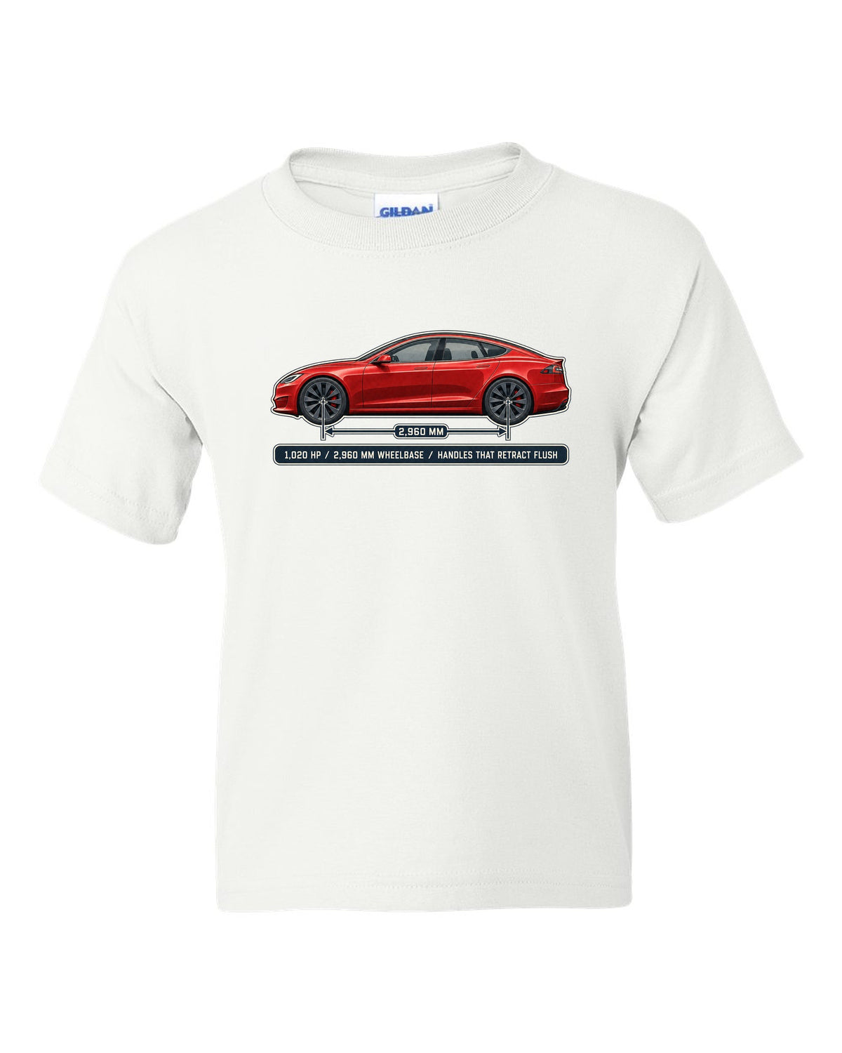 Tesla Model S Plaid Dimension Blueprint white kids tee front view with the design