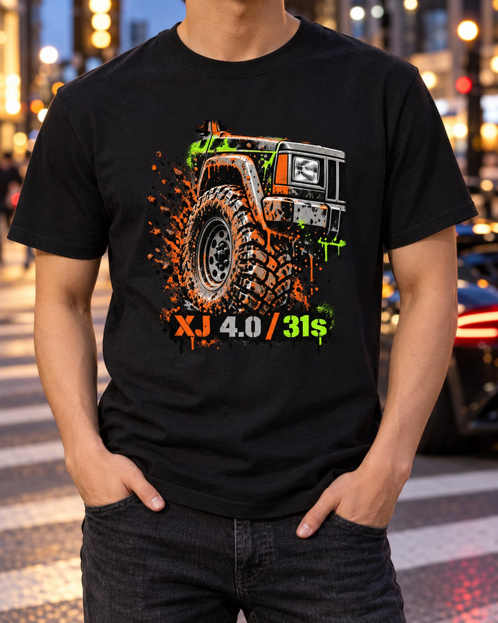 Jeep Cherokee XJ 4.0 31s Stencil Street Art Tee T-Shirt Black worn hero