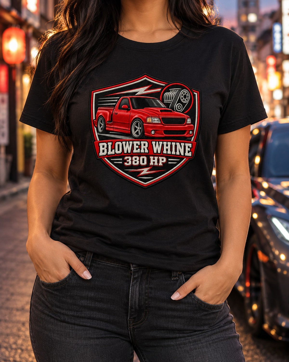 Ford F-150 SVT Lightning 1999-2004 Blower Varsity Badge Tee T-Shirt Black worn hero
