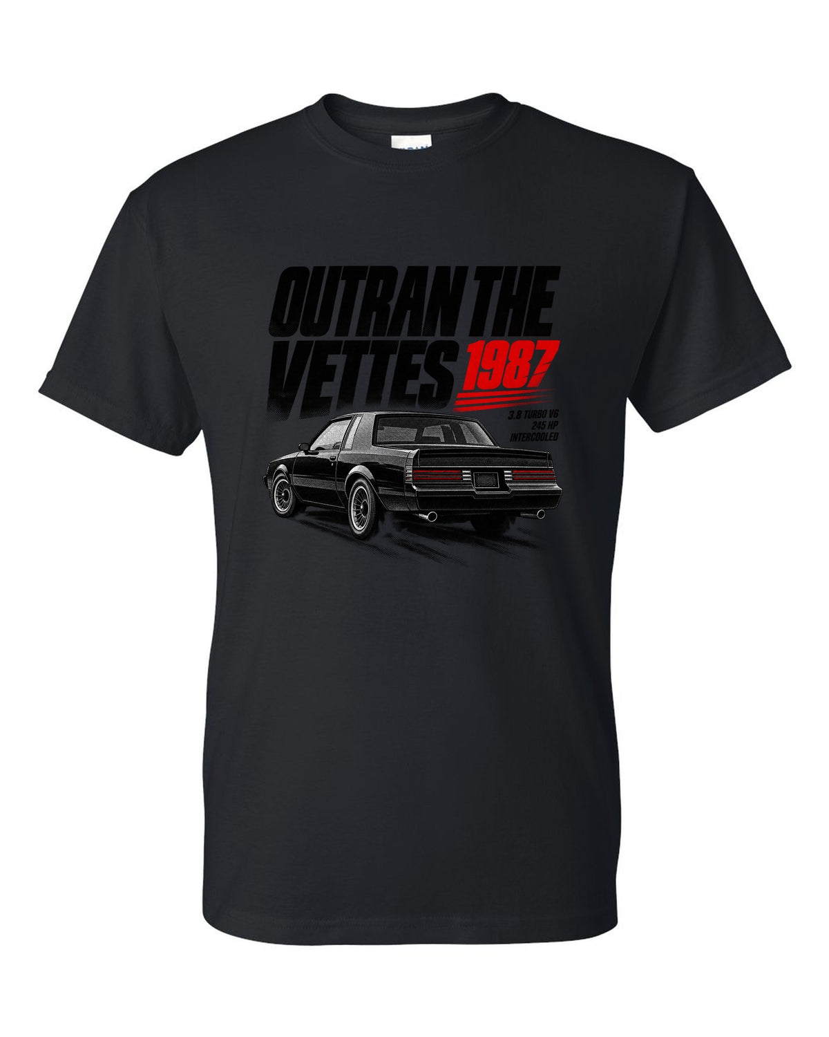 print halftone of a 1987 Buick Regal GN with outran the Vettes lettering black t-shirt front view with the design