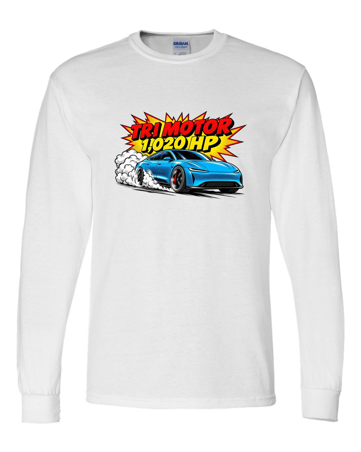 Comic halftone pop-art of a 2021 Tesla Model S Plaid with the words Tri Motor 1,020 HP white long sleeve front view with the design