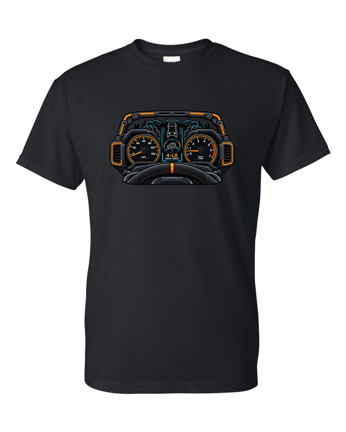 Ford Bronco 6G U725 gauge cluster HUD print black t-shirt front view with the design