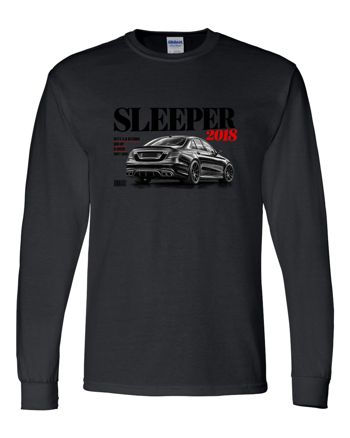 print editorial headline of a Mercedes W213 E63 S M177 with text Sleeper 2018 4.0 Biturbo 603 HP black long sleeve front view with the design
