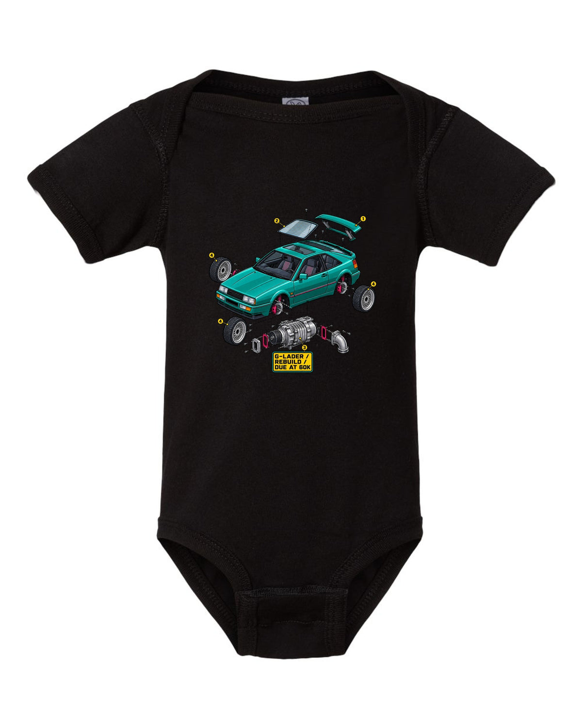 Exploded cutaway engine illustration of a VW Corrado G60 with G-Lader rebuild due at 60K text black baby onesie front view with the design