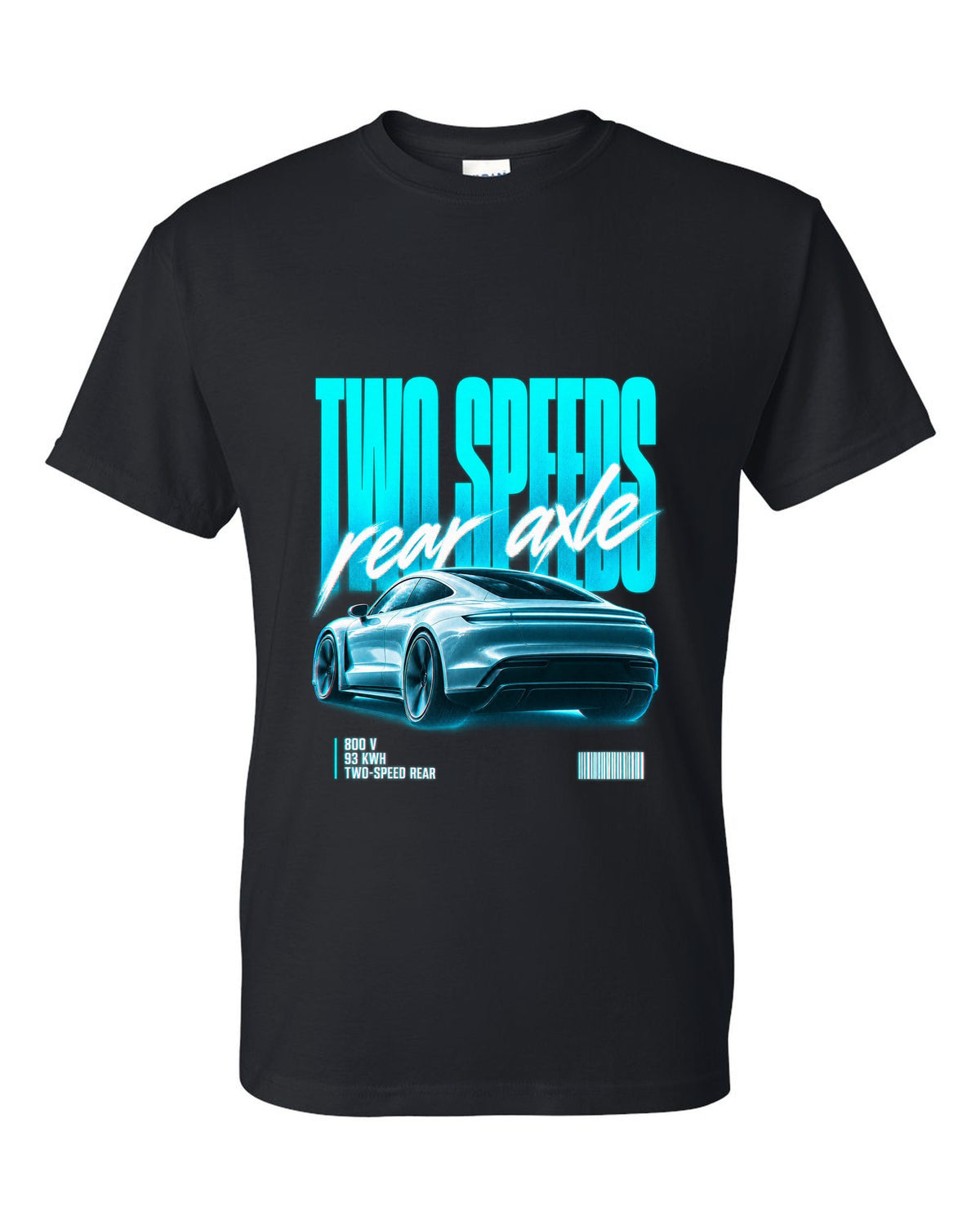 Audi e-tron GT 2021 rear three-quarter street poster with two speeds text black t-shirt front view with the design