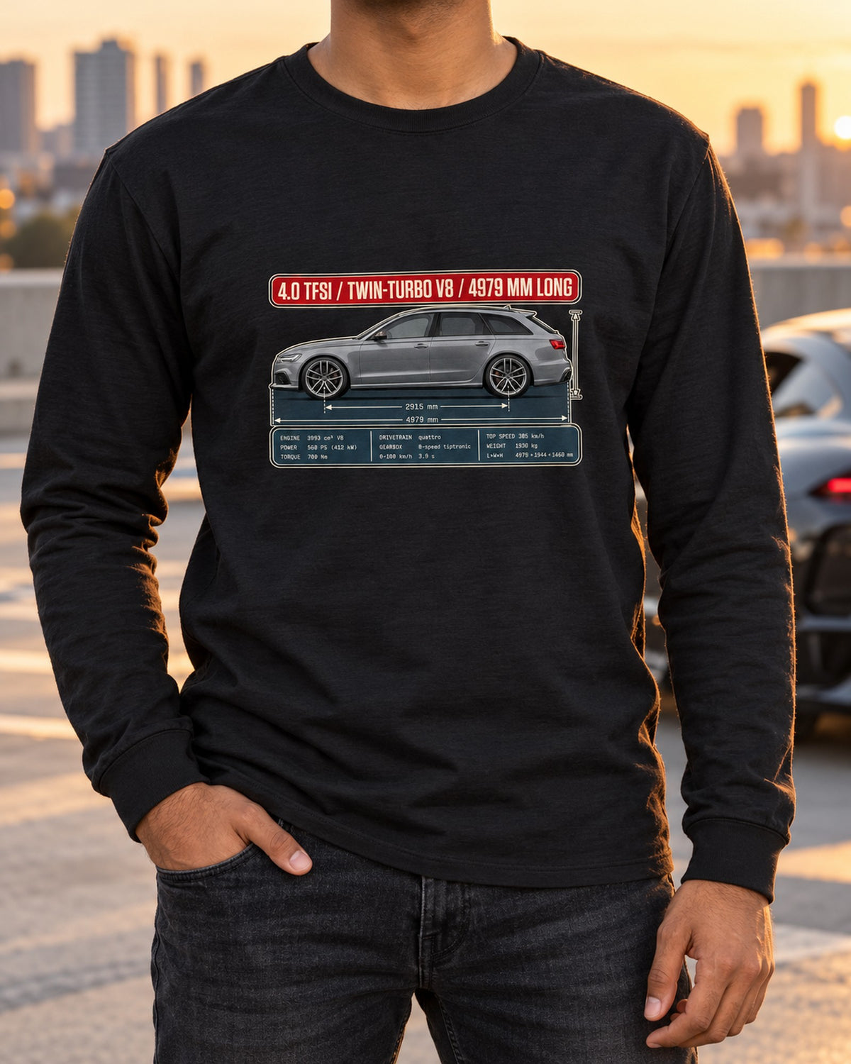Audi RS6 Avant C7 Dimension Blueprint Shirt, 4.0 TFSI V8 Long Sleeve Black worn hero