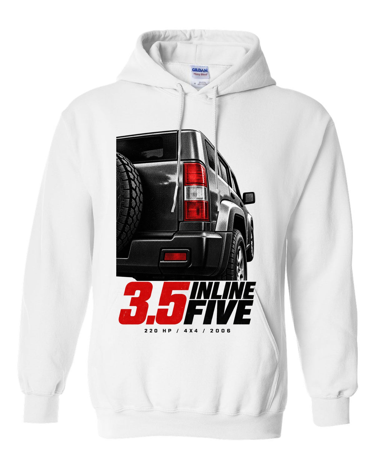 Macro print of a 2006-10 Hummer H3 taillight with engine lettering white pull over hoodie front view with the design