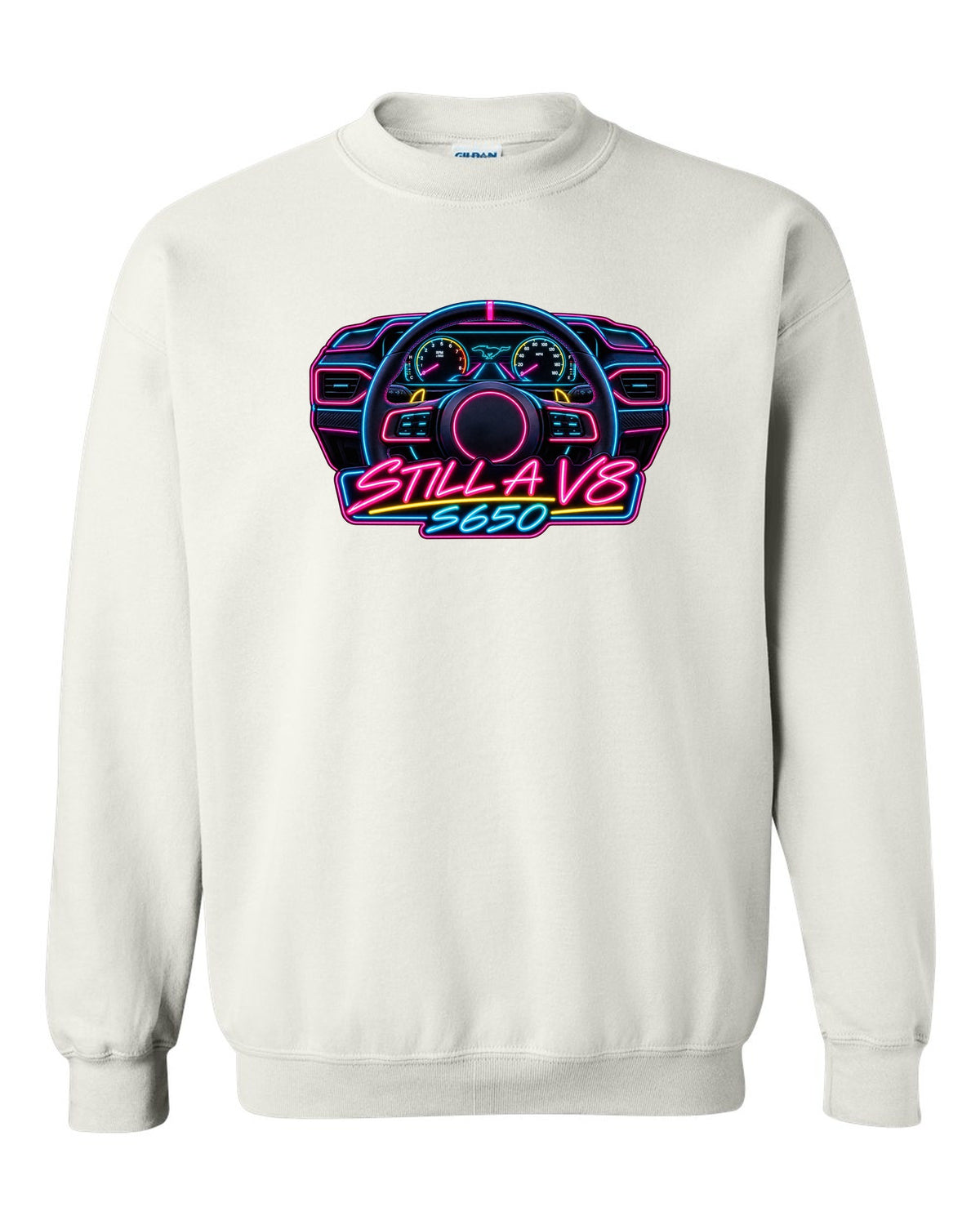 Neon sign style 2024 S650 Ford Mustang coupe with Still a V8 text white crewneck front view with the design