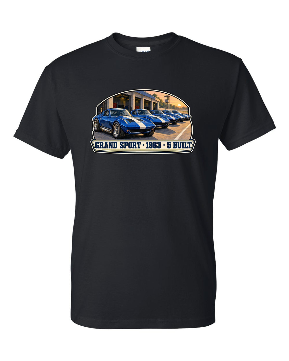 Isometric vector print of a 2014 Chevrolet Corvette C7 Stingray highlighting the fender gill vent black t-shirt front view with the design
