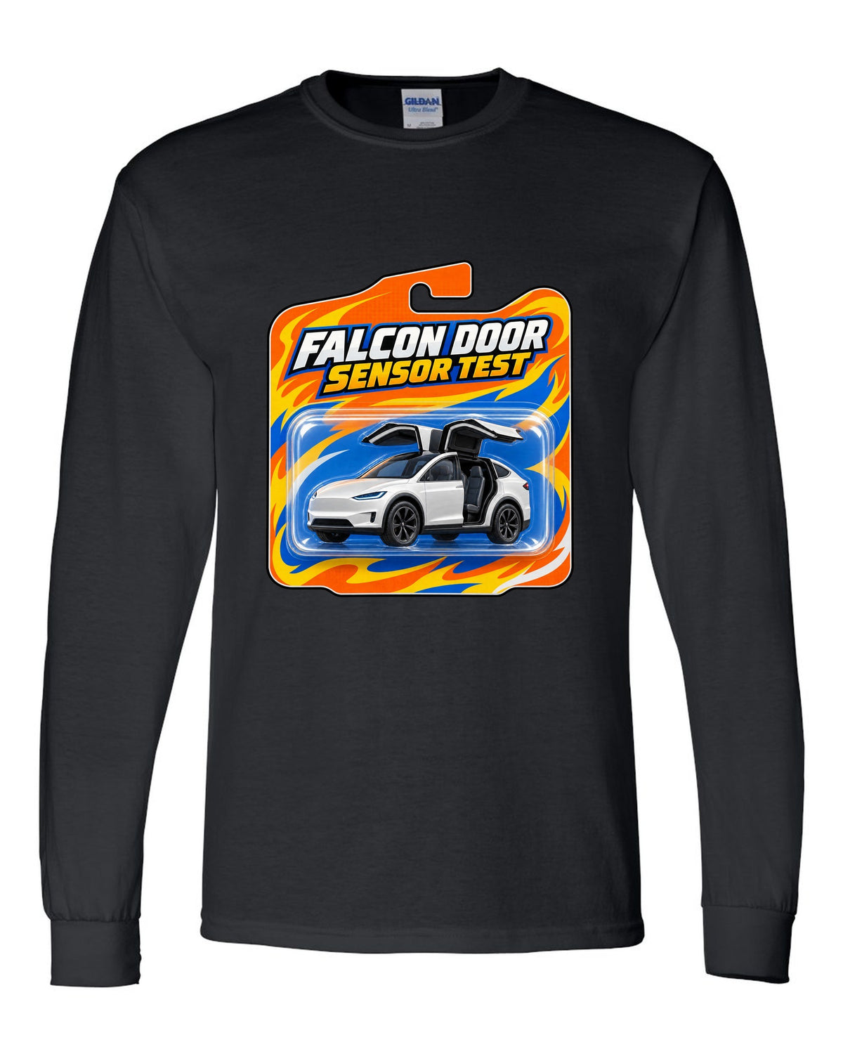 Toy blister card style print of a Tesla Model X reading Falcon Door Sensor Test black long sleeve front view with the design