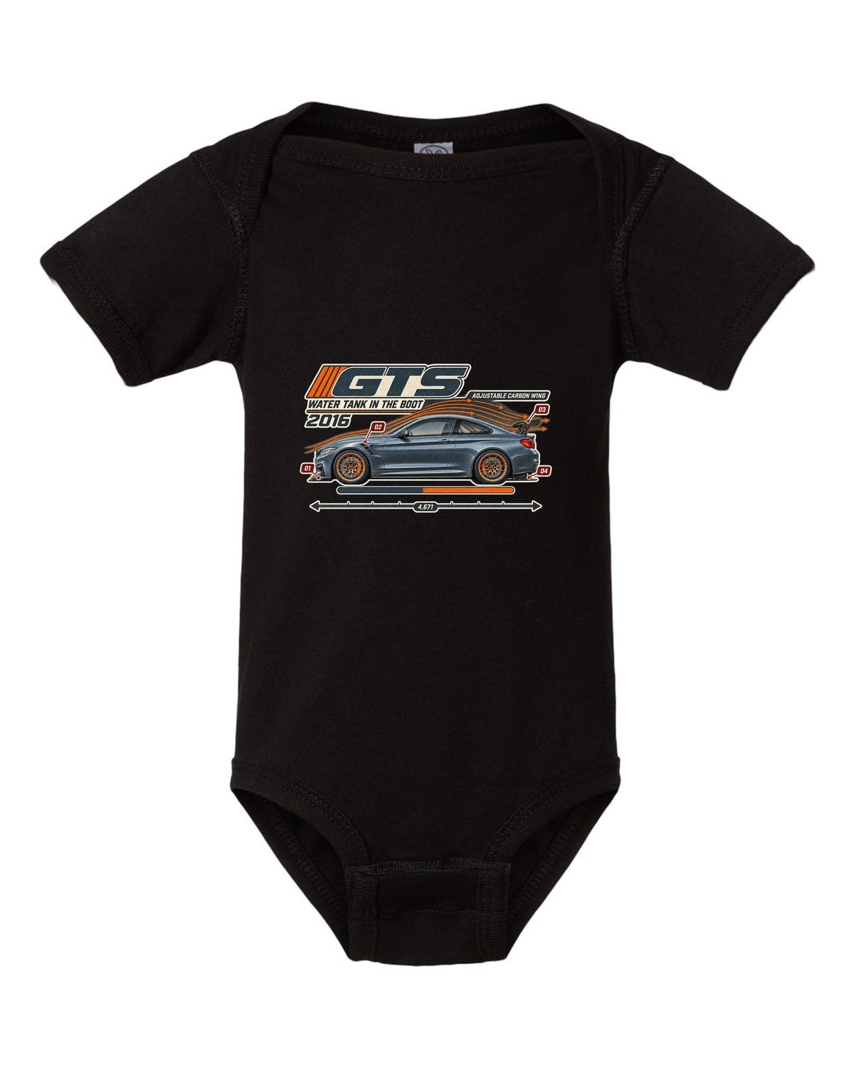 BMW M4 GTS F82 aero cutaway with callouts print black baby onesie front view with the design