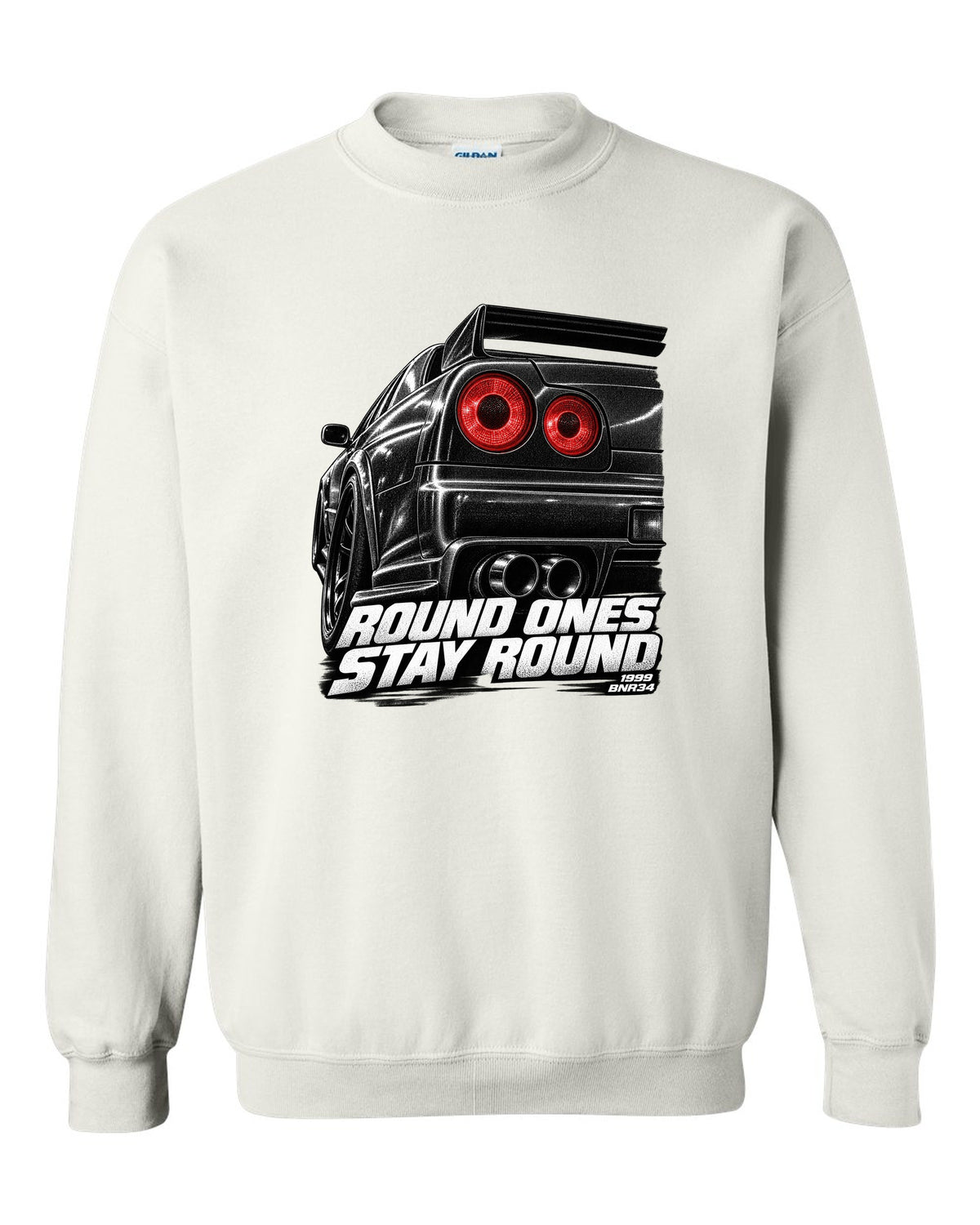 Macro print of the round taillights on a Nissan Skyline GT-R R34 BNR34 white crewneck front view with the design
