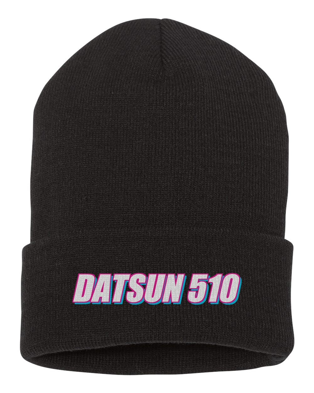 Datsun 510 black beanie front view with car name