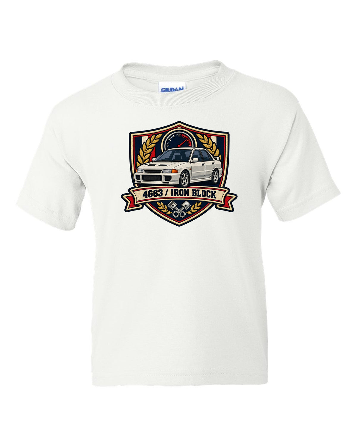 Mitsubishi Lancer Evolution I CD9A embroidered varsity crest print, 4G63 / IRON BLOCK white kids tee front view with the design