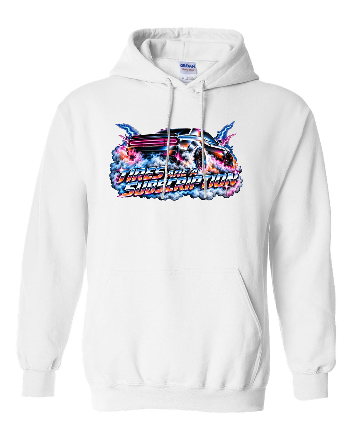 80s airbrush chrome illustration of a 2020 Dodge Challenger Scat Pack 392 Widebody doing a burnout white pull over hoodie front view with the design