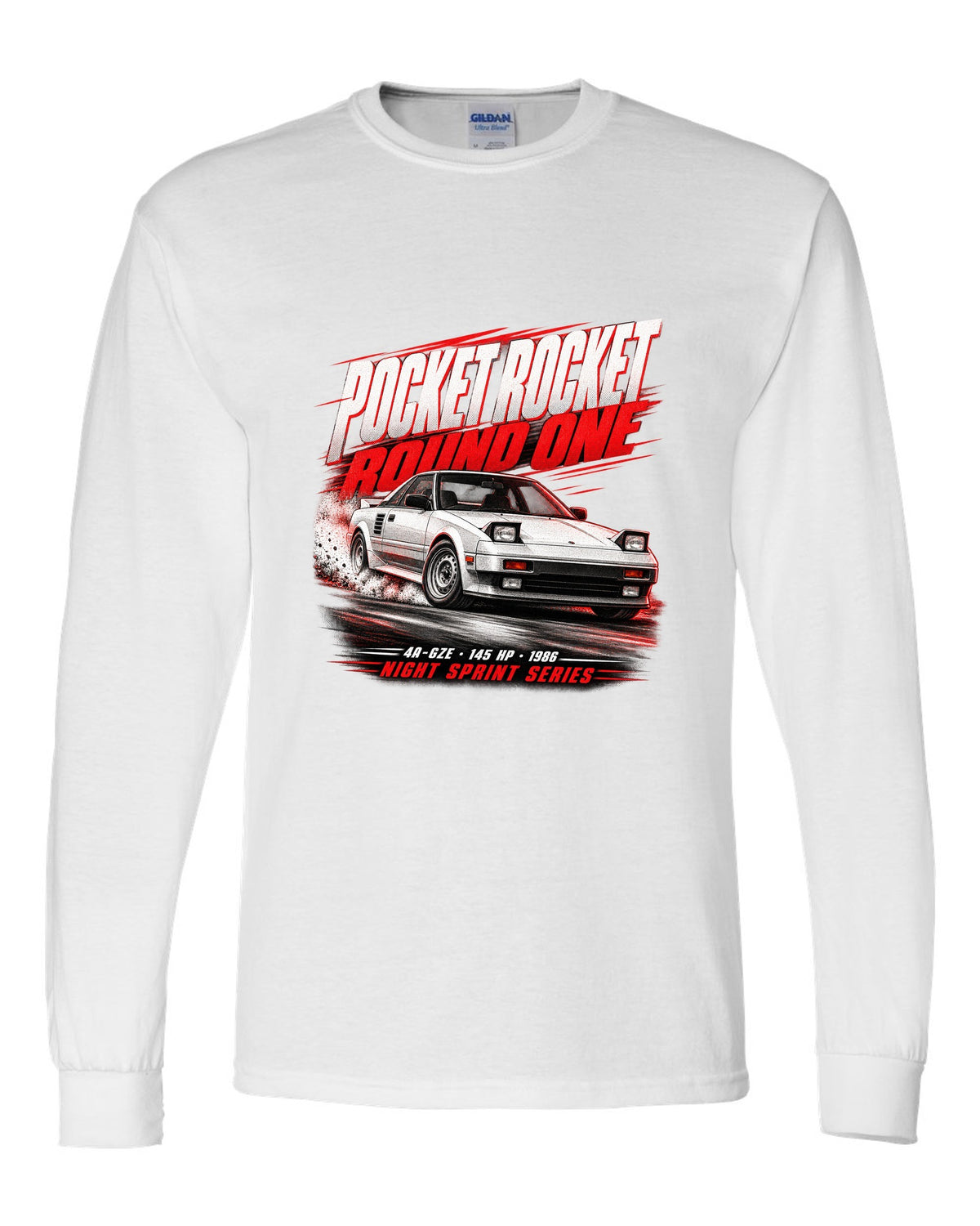 Race poster print of a supercharged Toyota MR2 AW11 with the text Pocket Rocket Round One 4A-GZE white long sleeve front view with the design