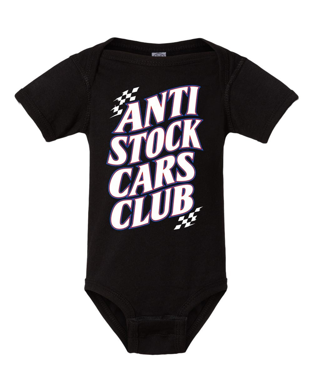 Anti Stock Cars Club Racing Sponsor Stack Baby Onesie Black front