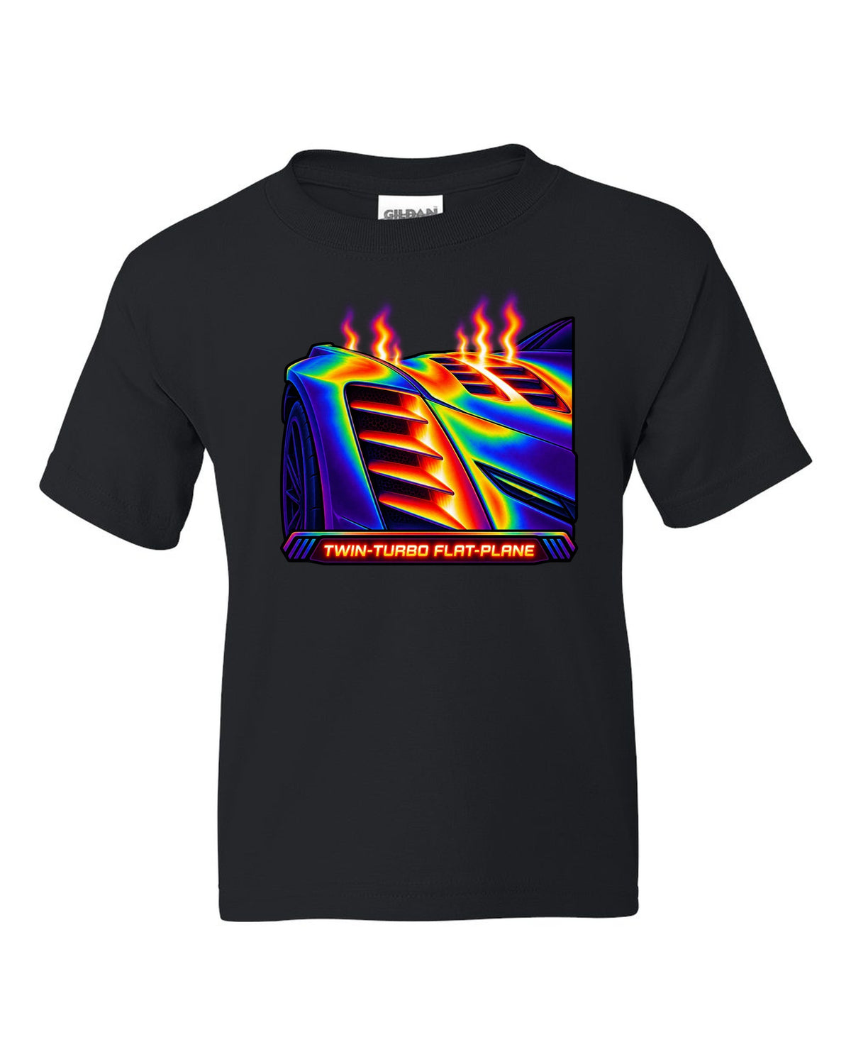 Infrared thermal gradient print of a fender vent on a 2025 Chevrolet Corvette C8 ZR1 with Twin-Turbo Flat-Plane text black kids tee front view with the design