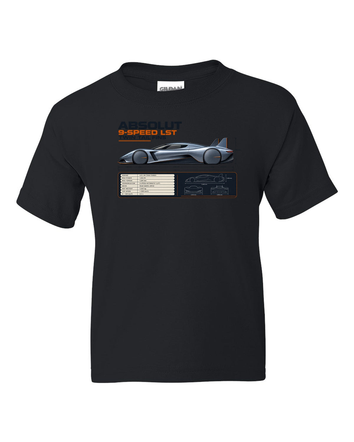 Koenigsegg Jesko Absolut Side Profile Spec Poster black kids tee front view with the design