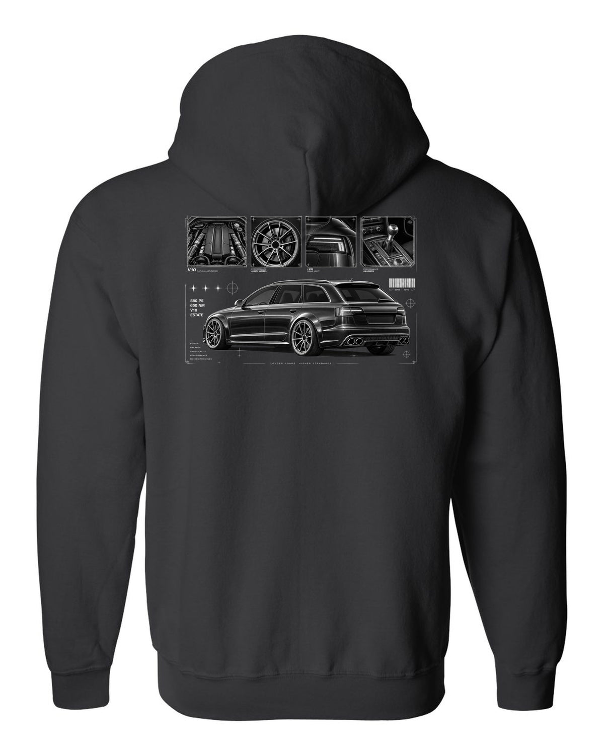 Audi RS6 Avant C6 4F Dossier Panels black zip hoodie back view with the design