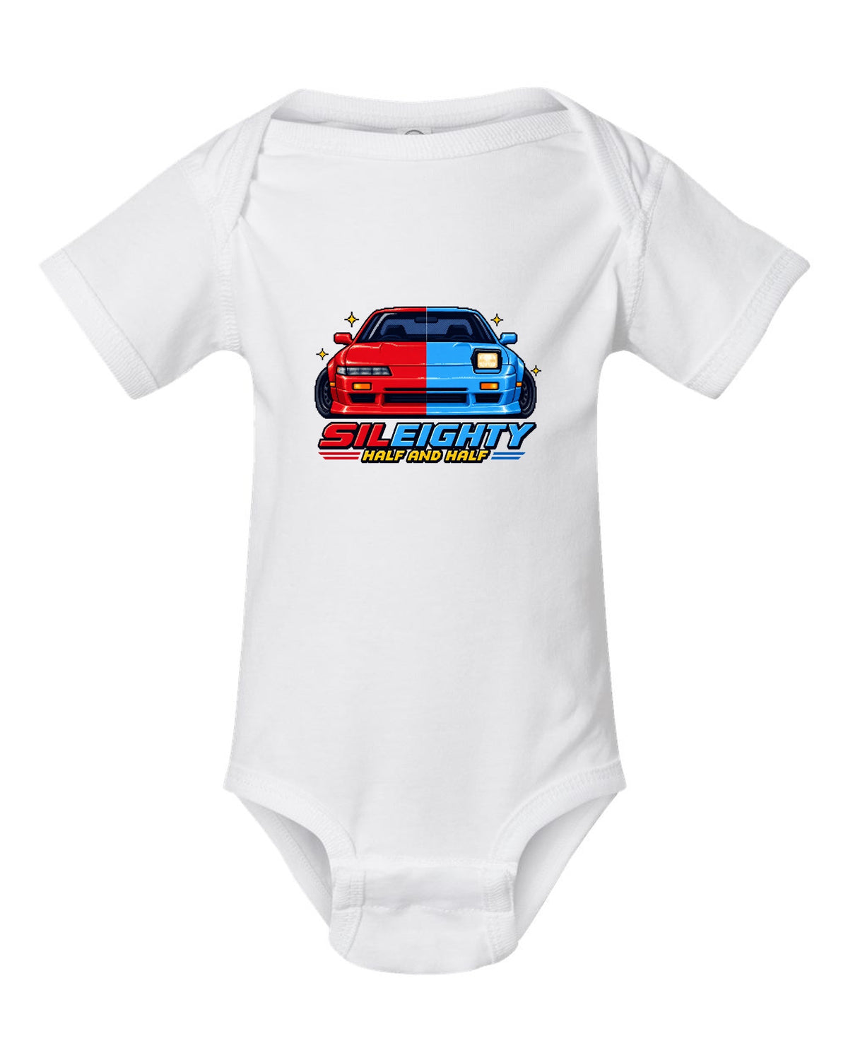 16-bit pixel art print of a Nissan Sileighty 180SX and Silvia S13 hybrid with Half and Half lettering white baby onesie front view with the design