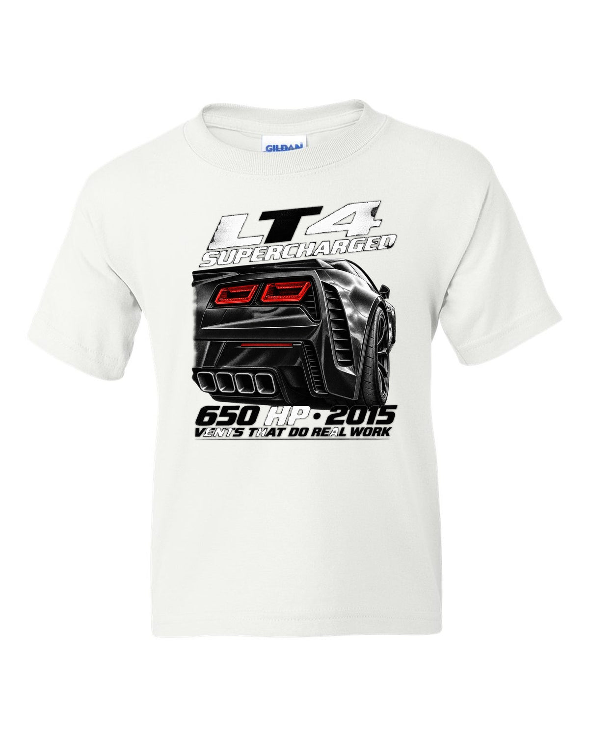 Corvette C7 Z06 rear vents close-up with LT4 650 HP text white kids tee front view with the design