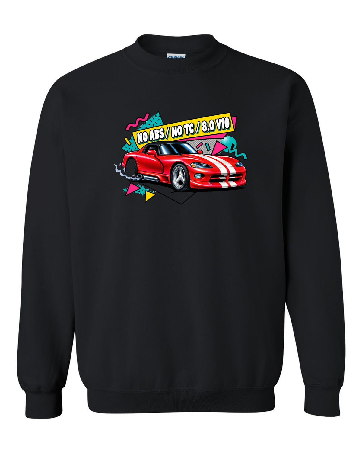 Airbrushed 90s Memphis grid design of a 1994 Dodge Viper RT/10 SR I black crewneck front view with the design