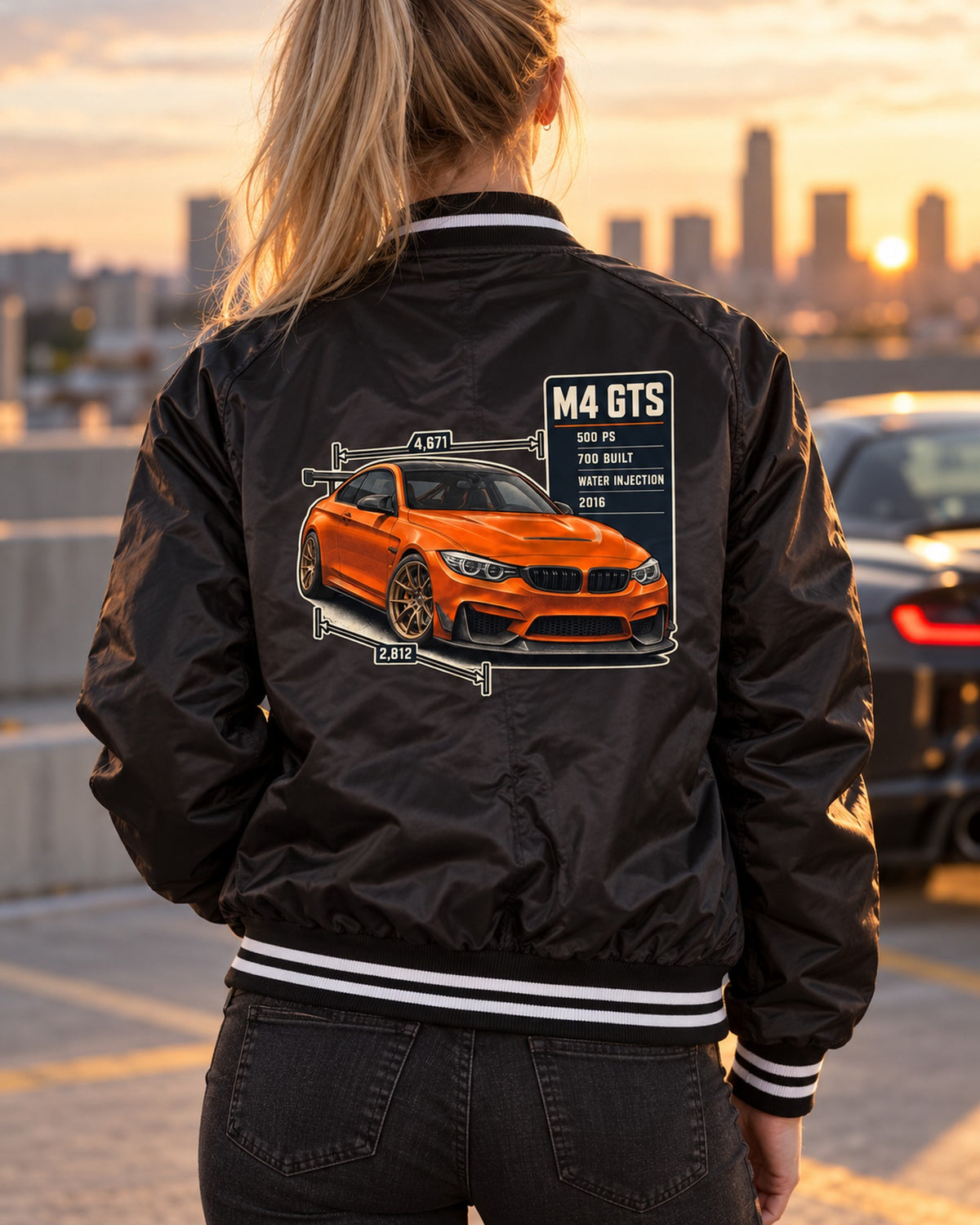 BMW M4 GTS F82 Spec Poster Shirt, 700 Built Bomber Jacket Black worn hero
