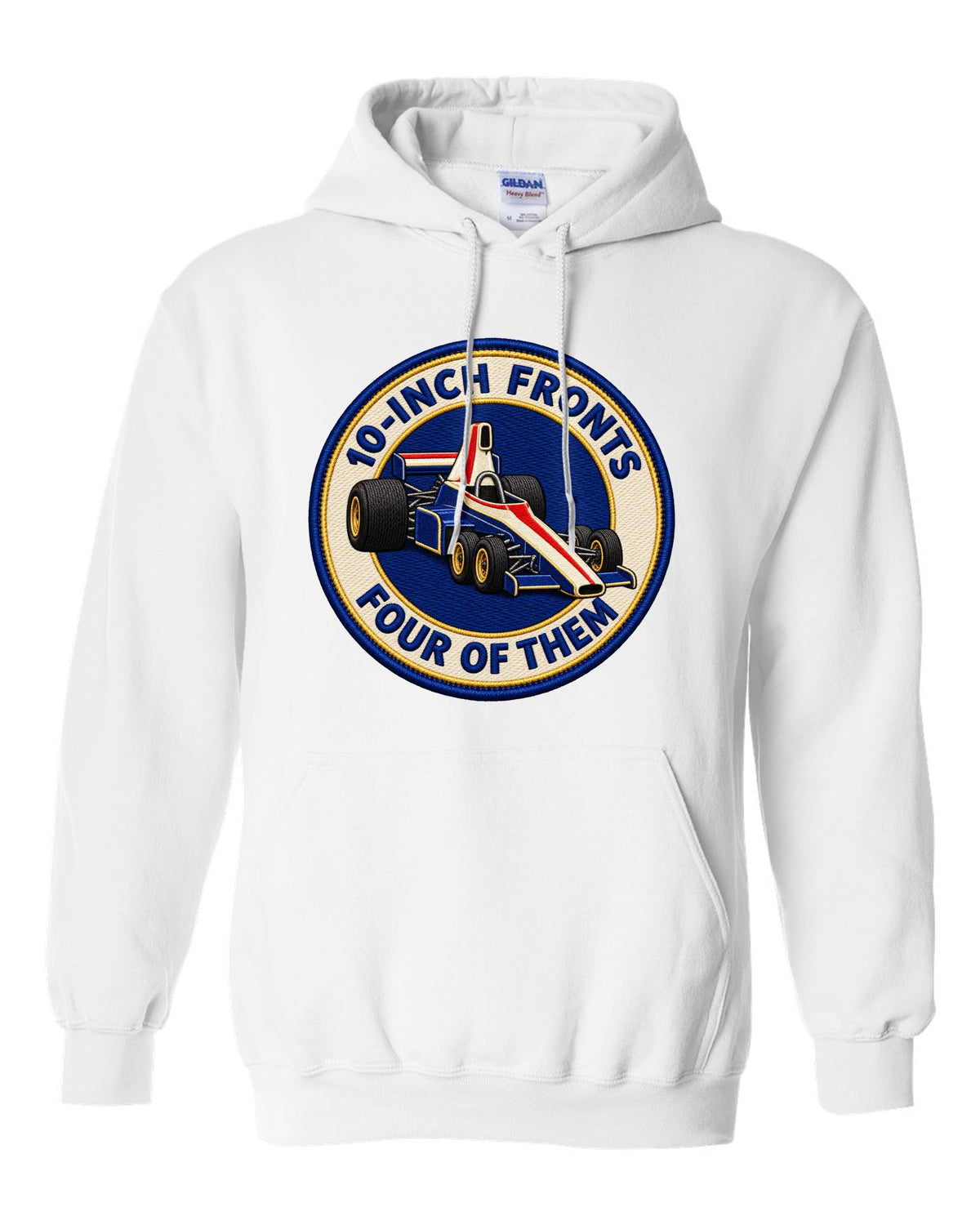 Varsity crest print of the Tyrrell P34 with 10-inch fronts, four of them lettering white pull over hoodie front view with the design