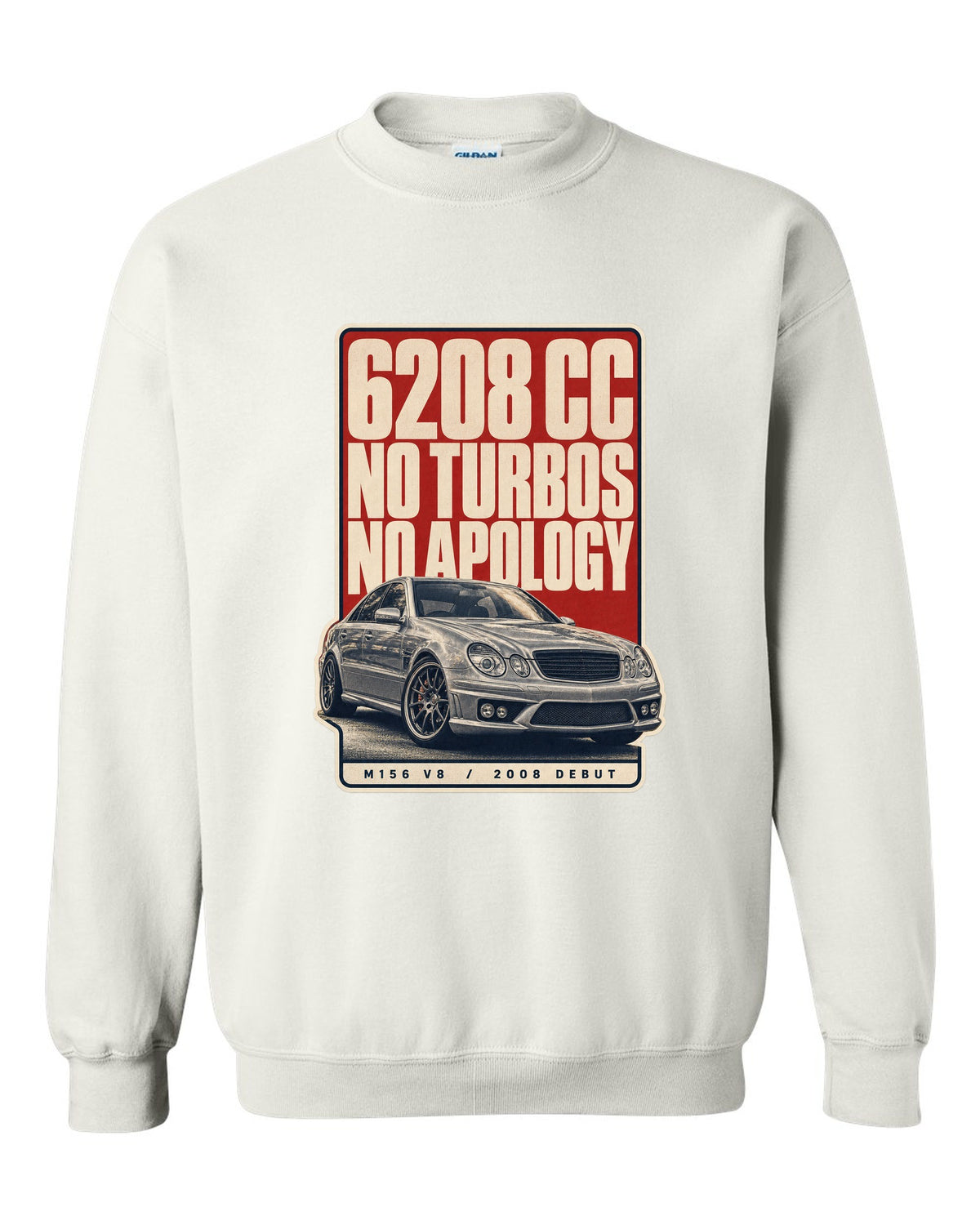 Mercedes-AMG C63 W204 sedan with editorial headline in silver-grey white crewneck front view with the design