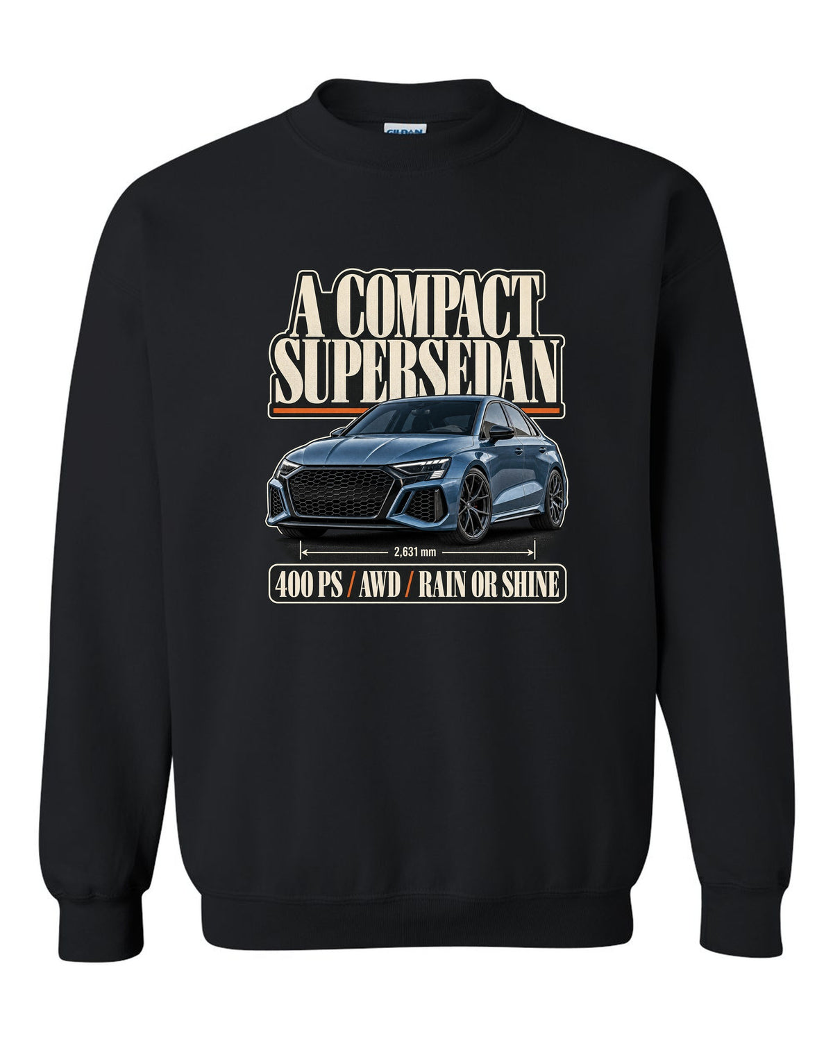 Editorial headline layout for the Audi RS3 8Y sedan, steel blue black crewneck front view with the design