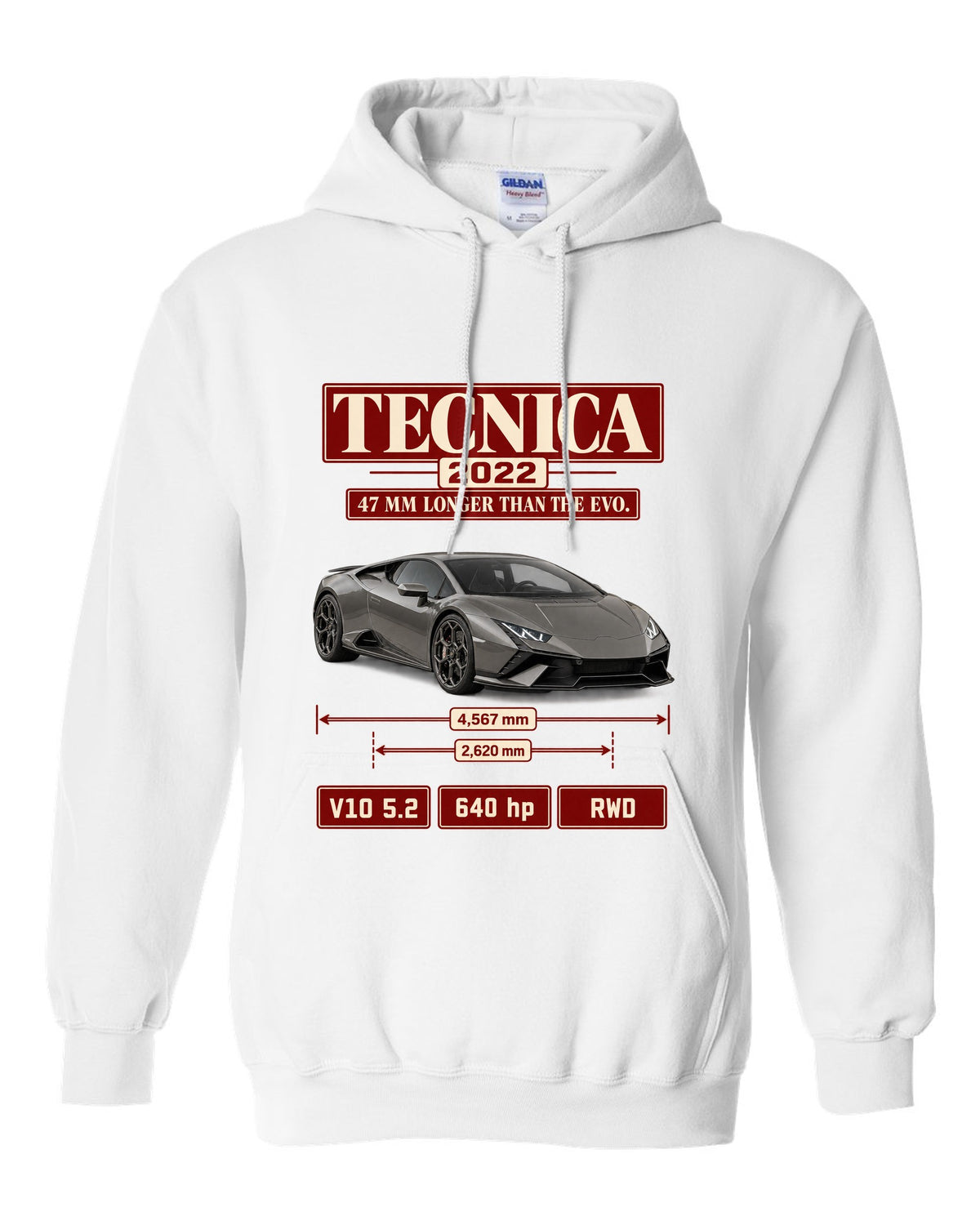 Archive panel print of the Lamborghini Huracan Tecnica white pull over hoodie front view with the design