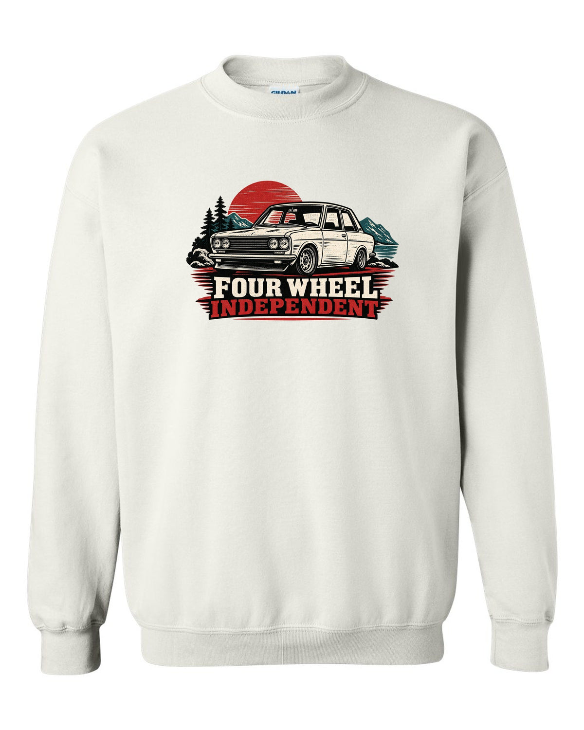 Linocut print of a Datsun 510 with Four Wheel Independent lettering white crewneck front view with the design