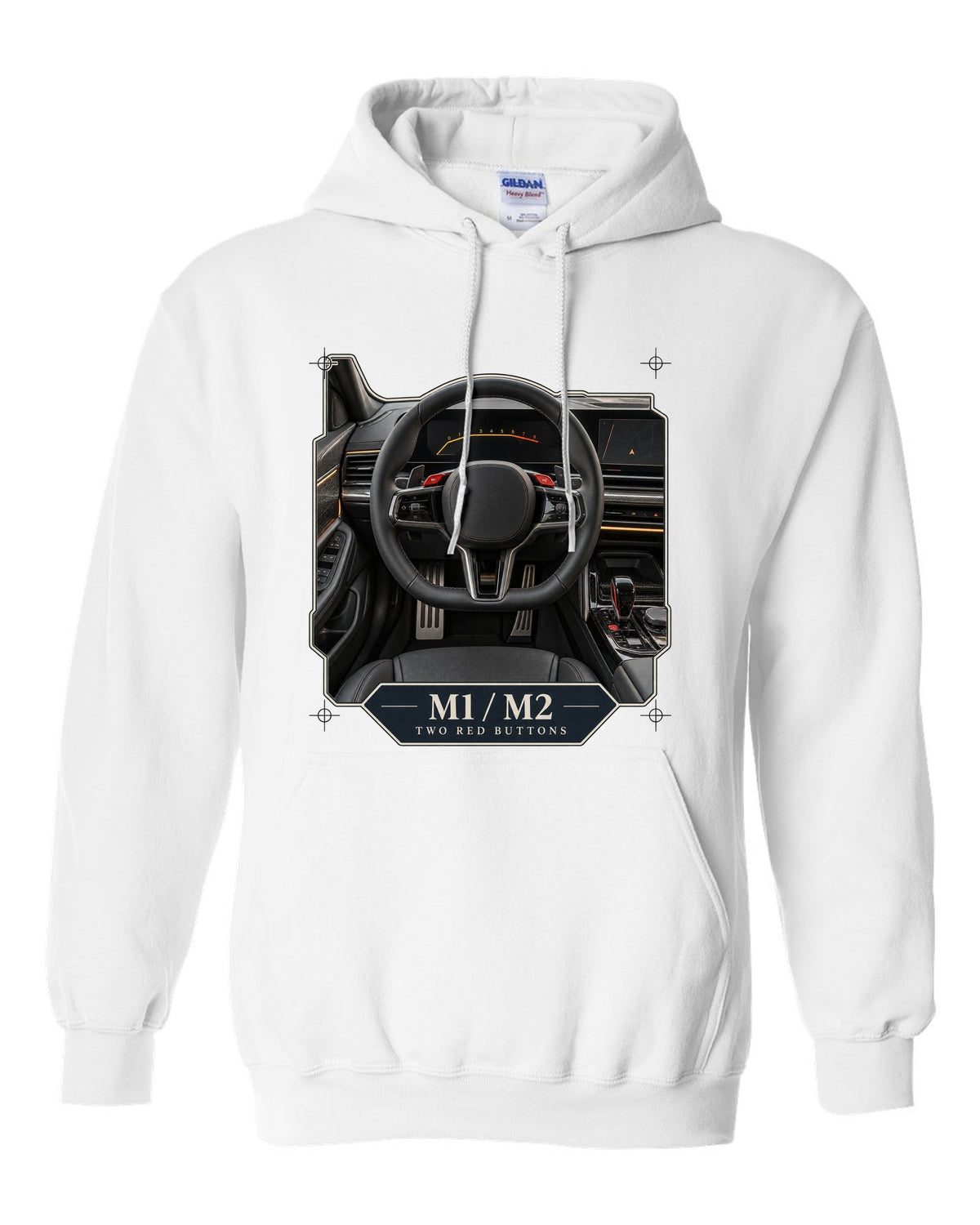 BMW M5 G90 cockpit and gauge cluster print on a tee white pull over hoodie front view with the design