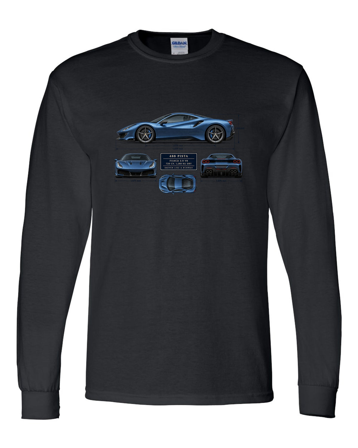 Blueprint print of the Ferrari 488 Pista in steel blue black long sleeve front view with the design