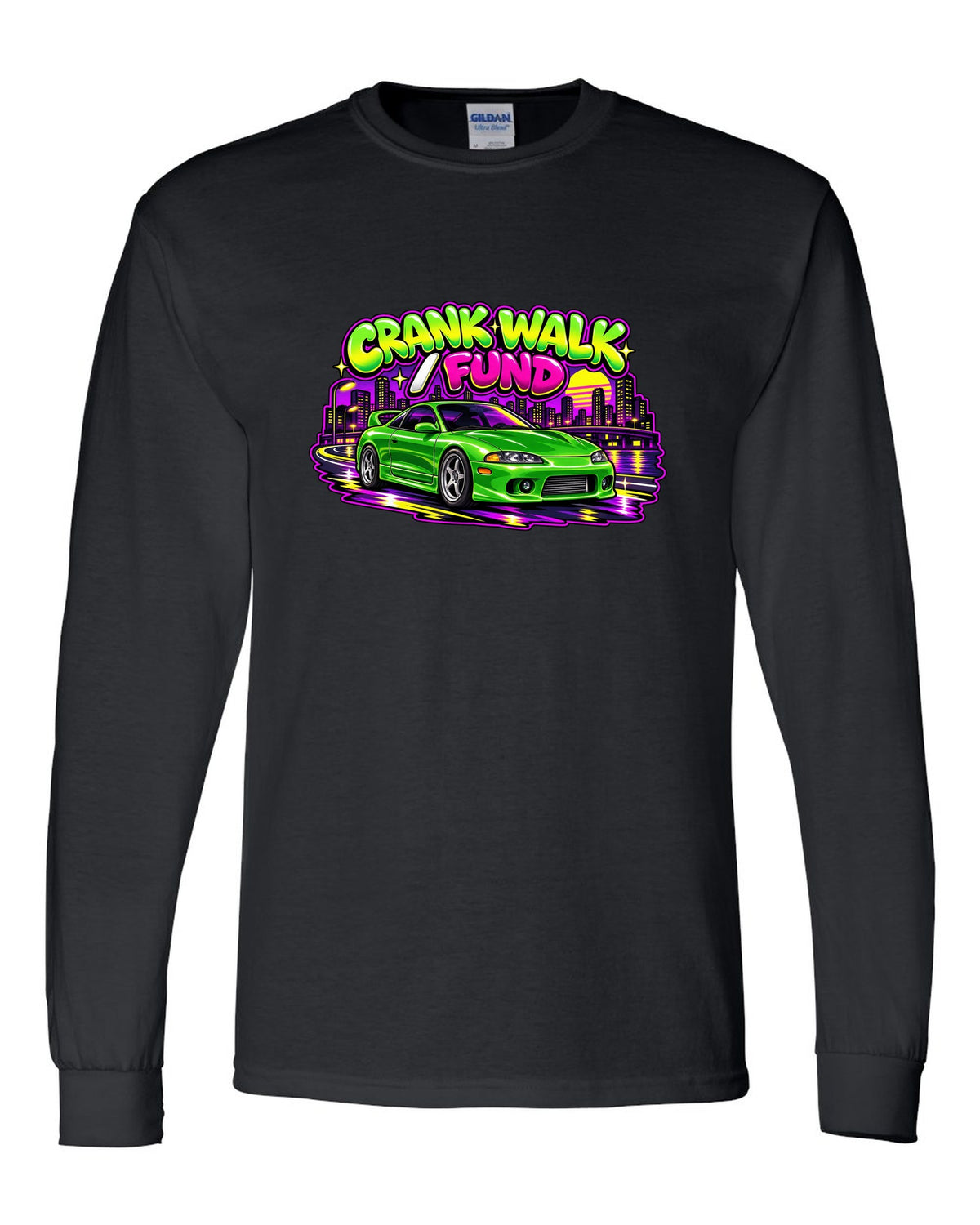 Retro 90s Saturday-morning cartoon style print of a green Mitsubishi Eclipse GSX 2G with crank walk fund text black long sleeve front view with the design