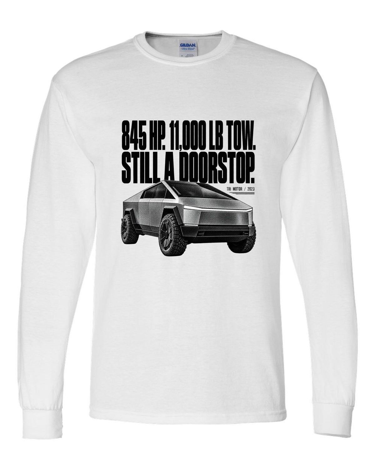 Halftone Tesla Cybertruck Cyberbeast front three-quarter with 845 HP and 11,000 lb tow text white long sleeve front view with the design