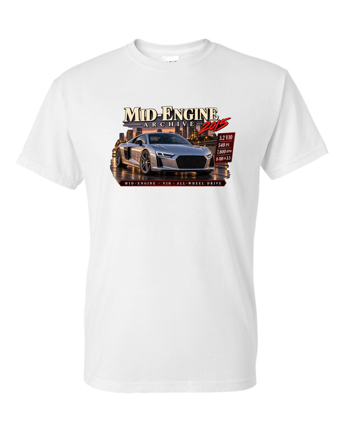 Audi R8 Type 4S V10 front three-quarter in archive panel with 540 PS text white t-shirt front view with the design