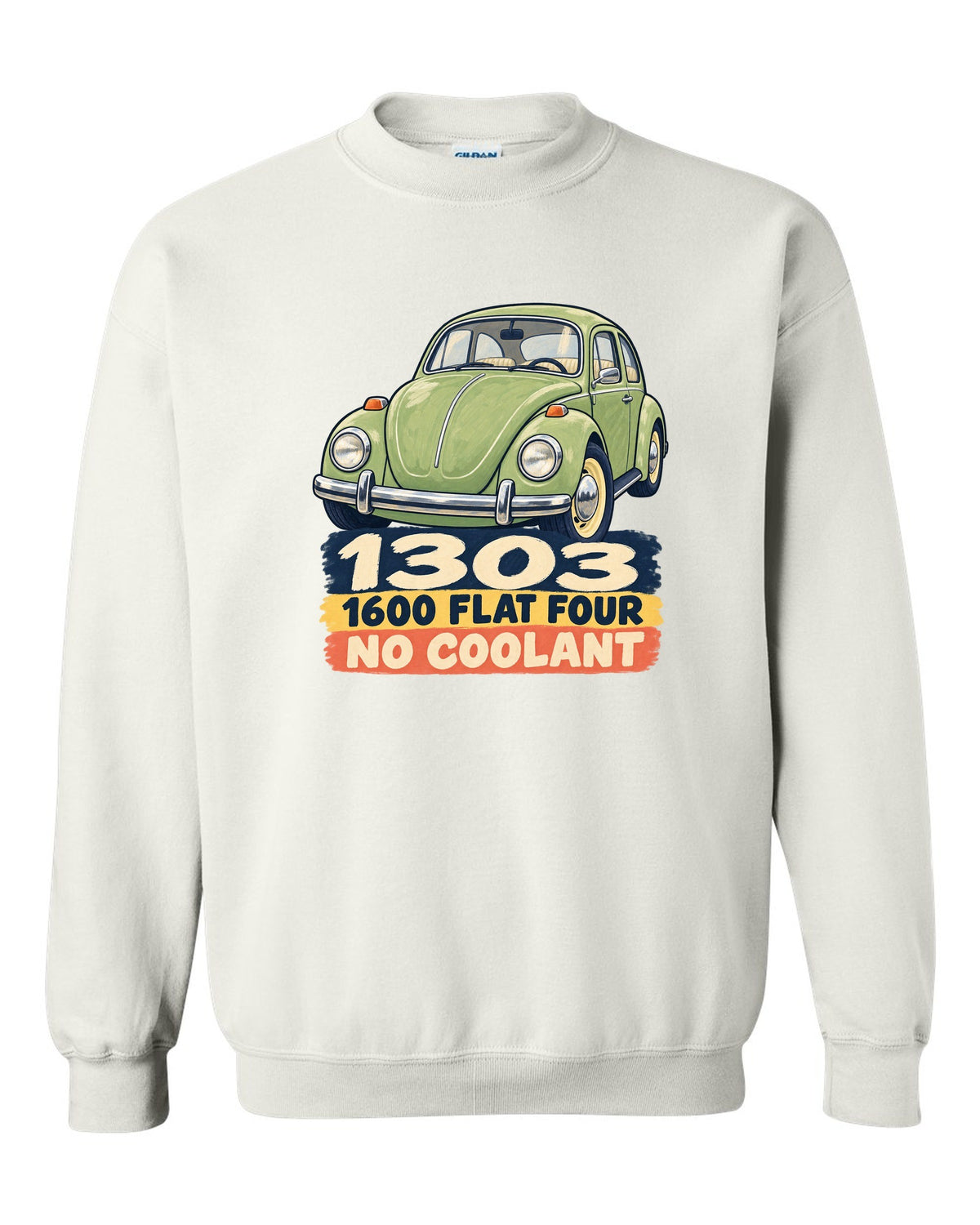 Gouache-style painted flat colour print of a VW Beetle Type 1 1303 with 1600 flat four lettering white crewneck front view with the design